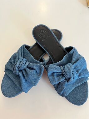 Tory Burch Denim Knot Slide Mules in Blue Size 8